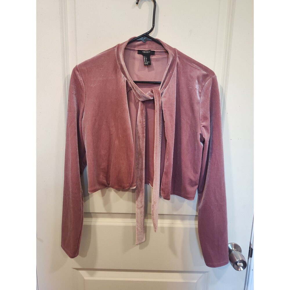 Women's Forever 21 Cropped Velour Tie Front Cardigan Small Pink